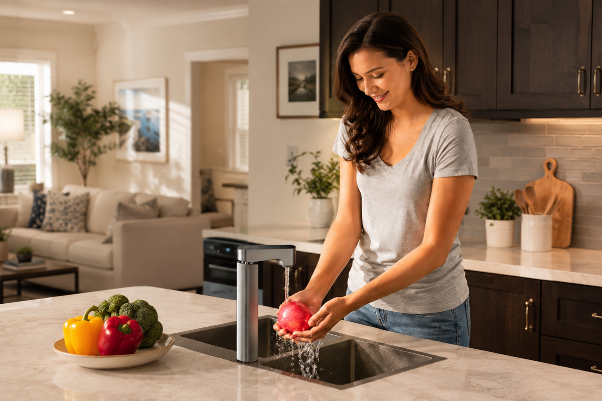 Woman rinsing fresh produce with filtered water in a modern home kitchen
