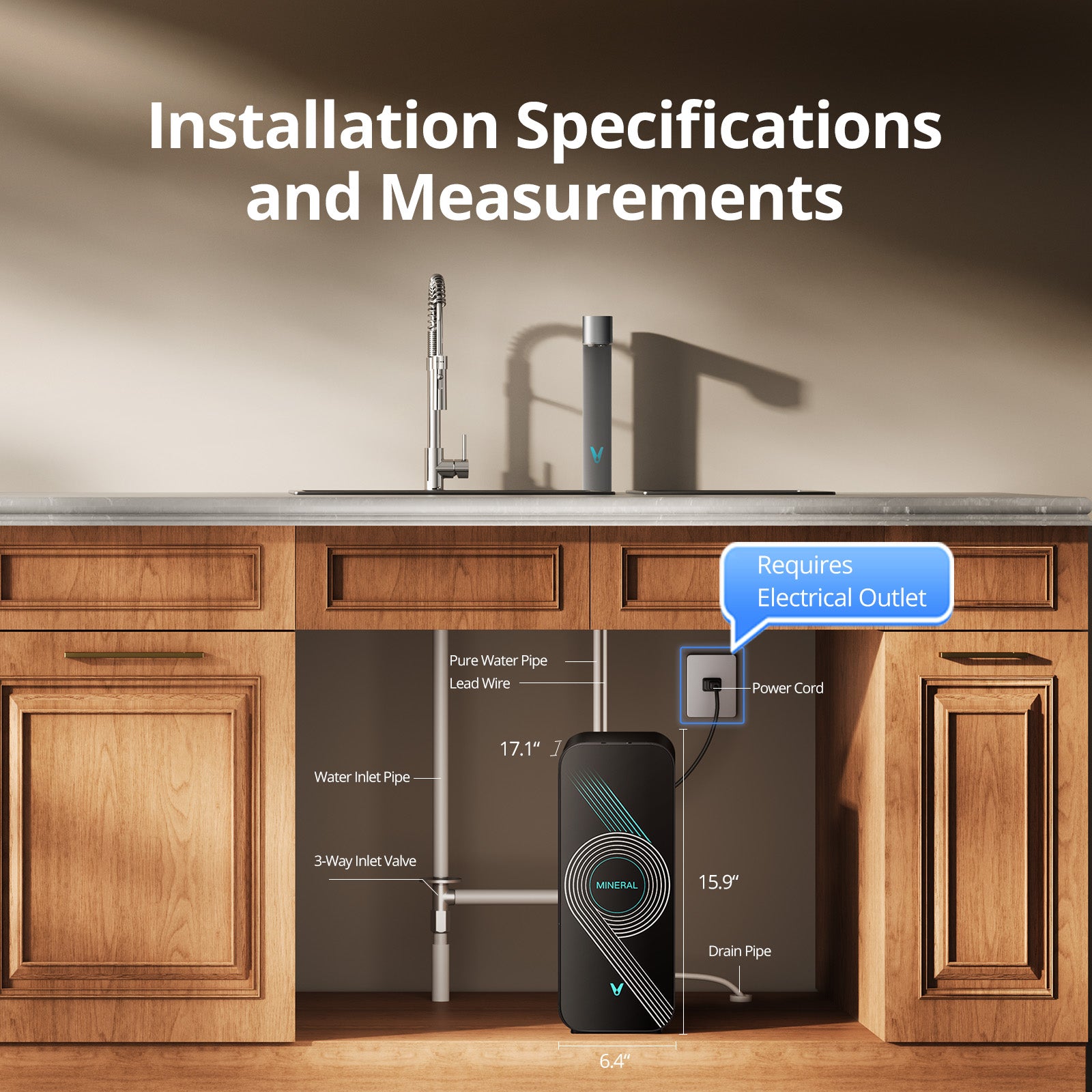Installation diagram of a kitchen water filter with labeled parts and dimensions.