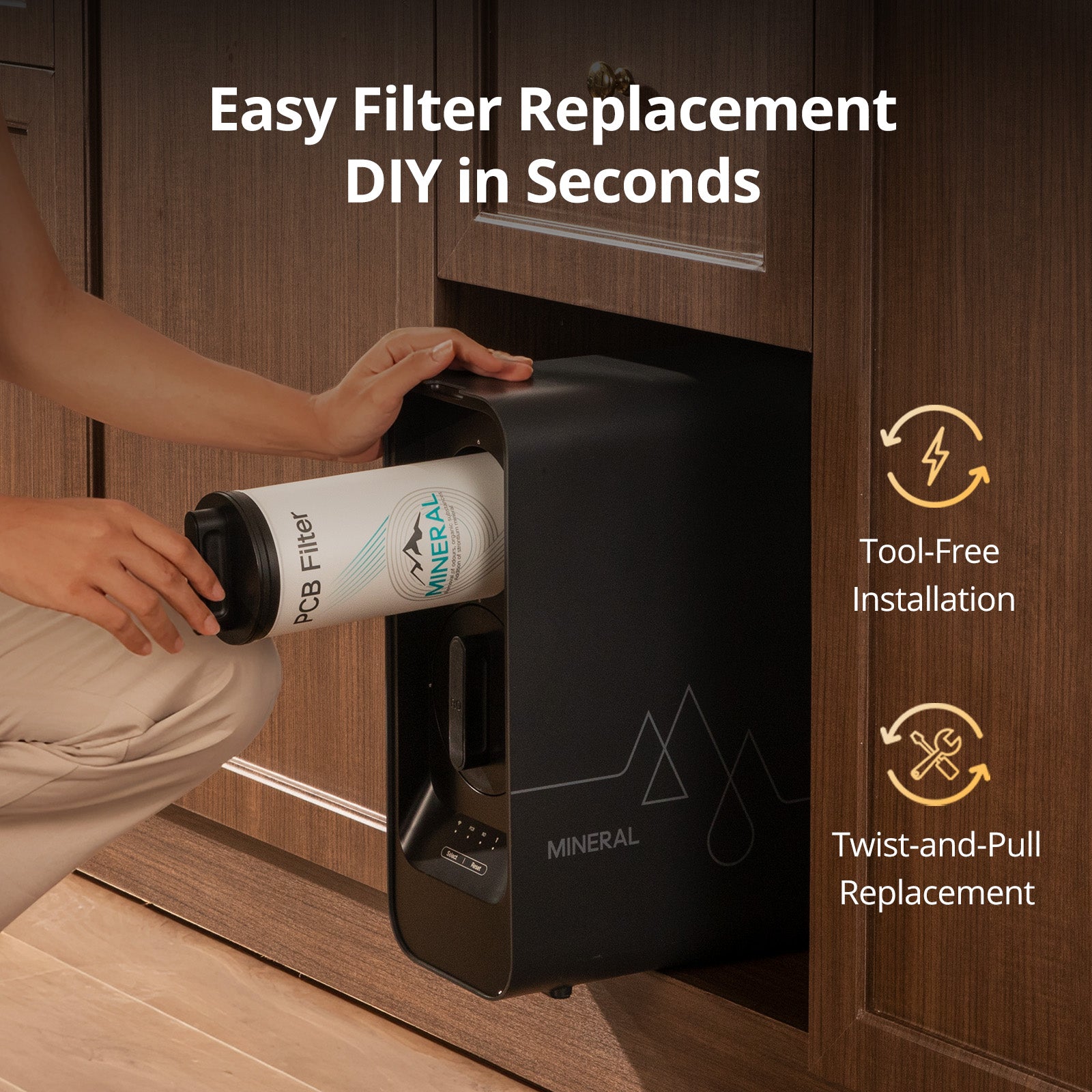 Hands replacing VIOMI M1-PCB mineral filter into black water system for easy, tool-free installation.
