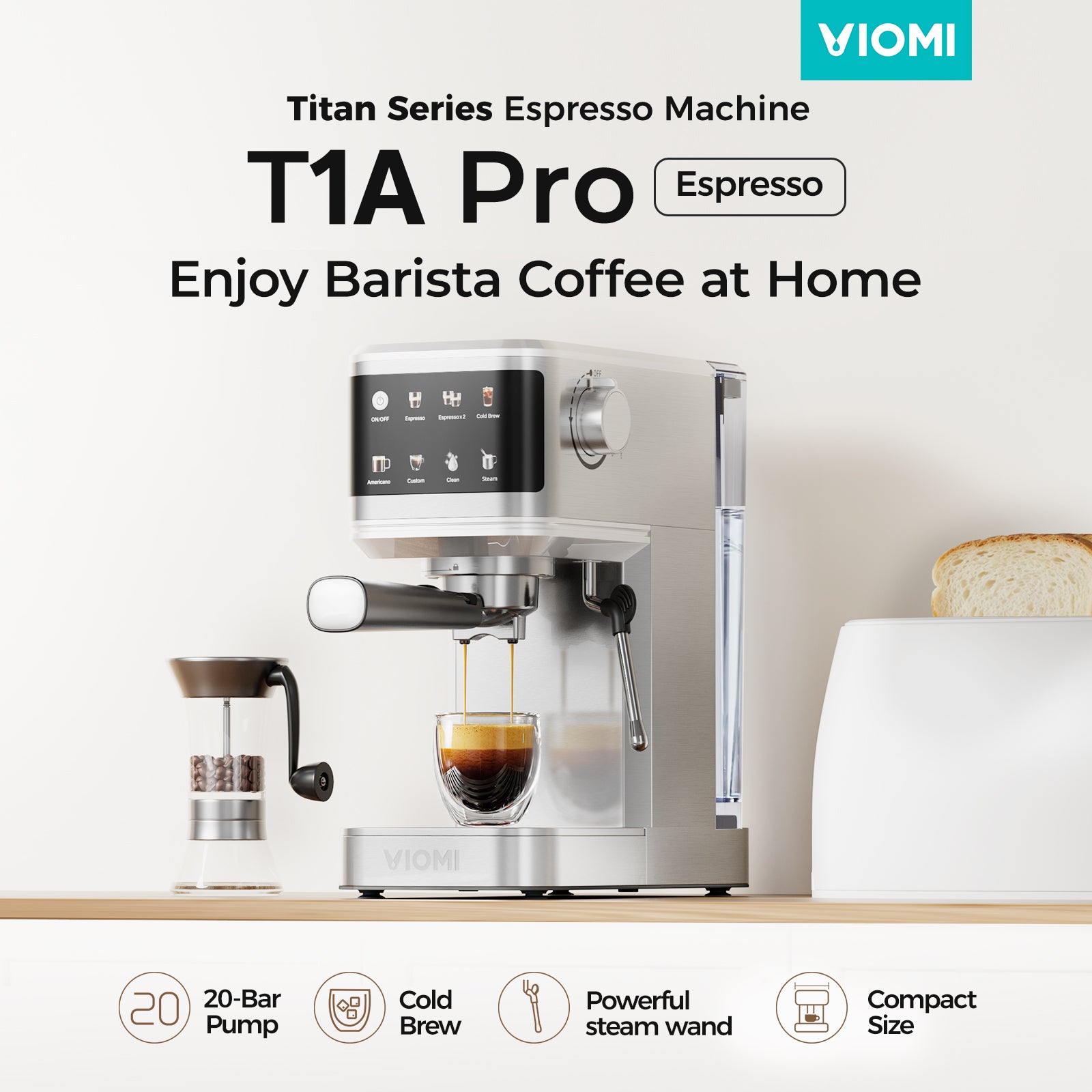 T1A Pro Espresso Machine 20 Bar, Compact Espresso Maker with Milk Frother