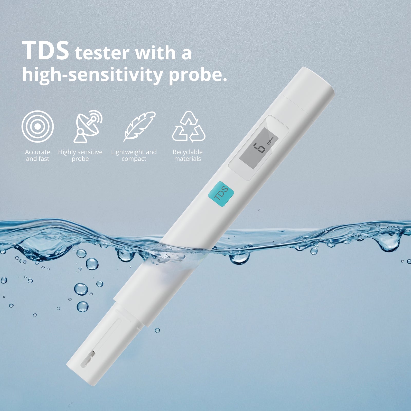 Viomi TDS meter testing water purity with a high-sensitivity probe, perfect for home, travel & aquarium use.