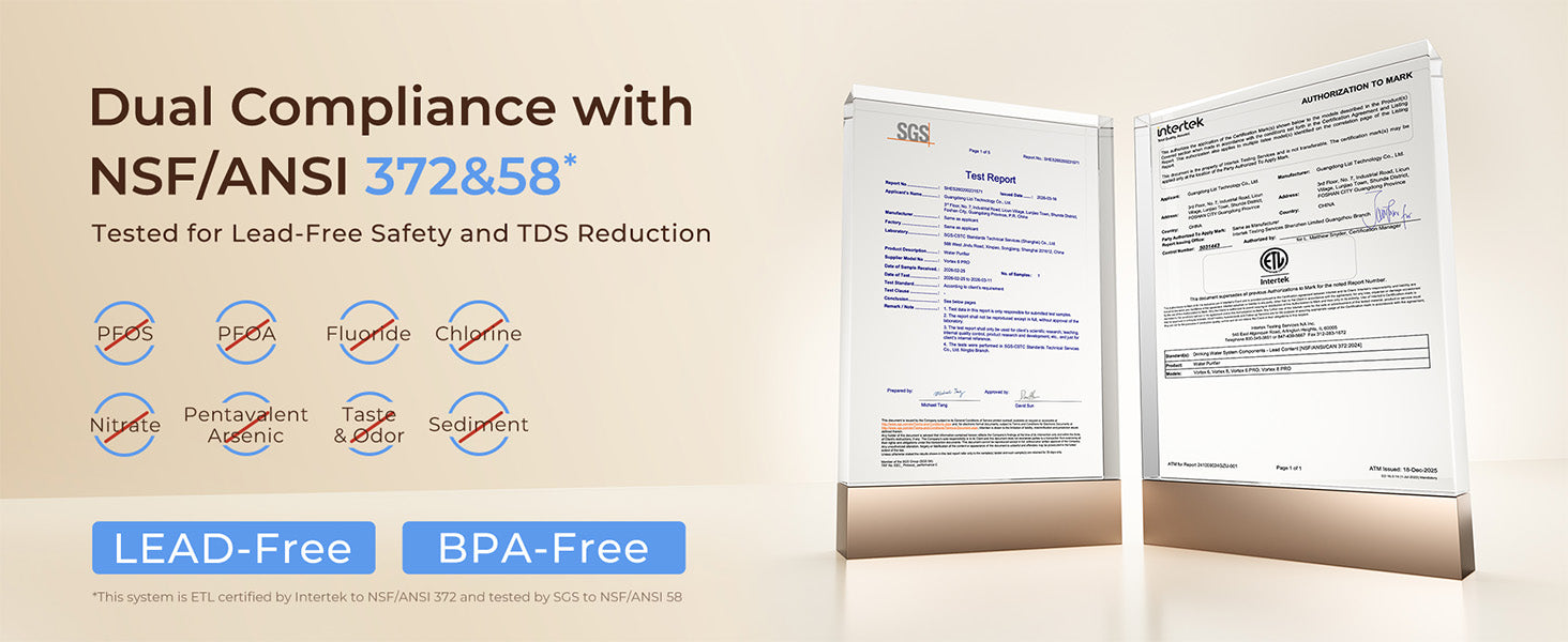 Documents on a stand with certification logos and text about compliance with NSF/ANSI standards.
