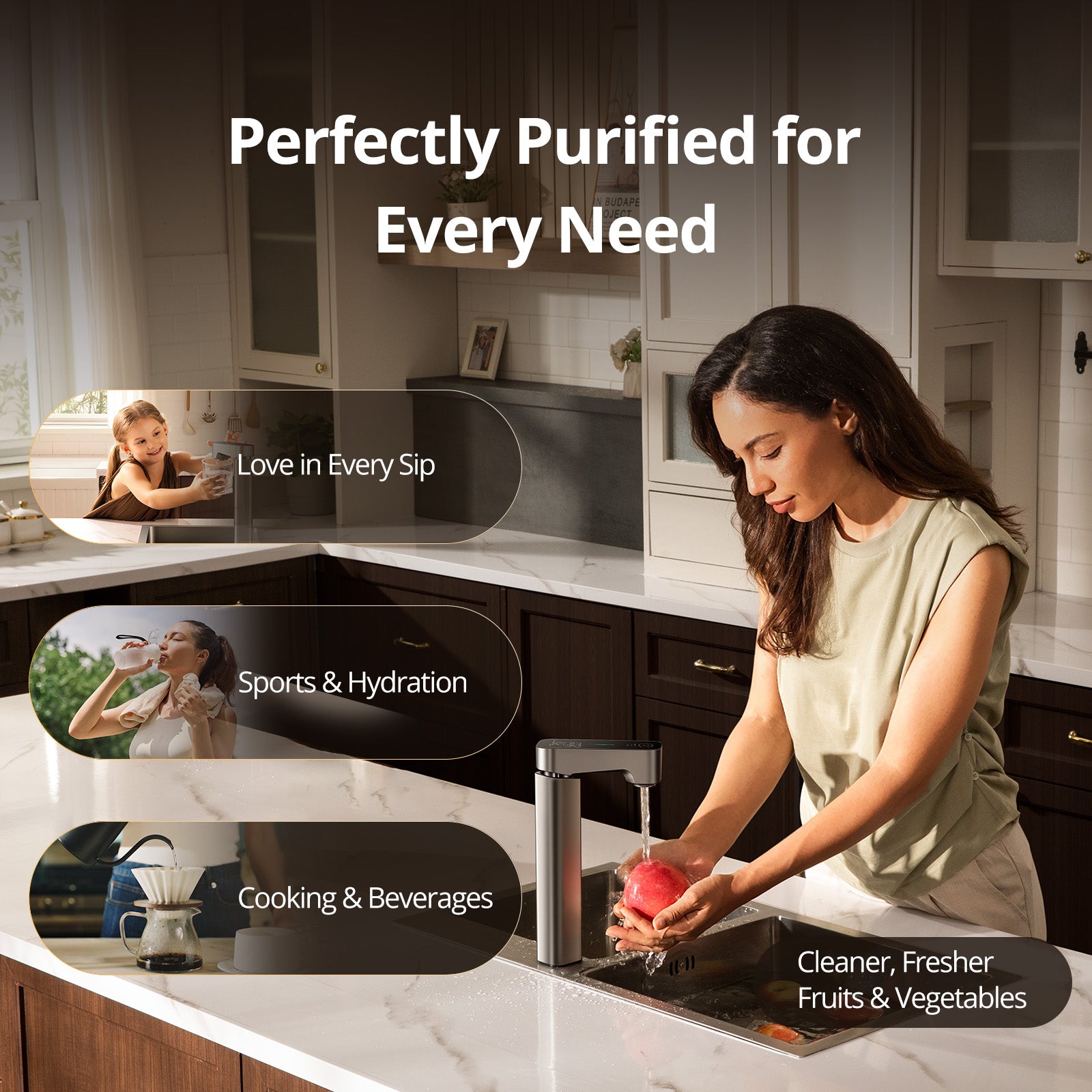 Woman washing a fruit in a kitchen with product benefits displayed below.