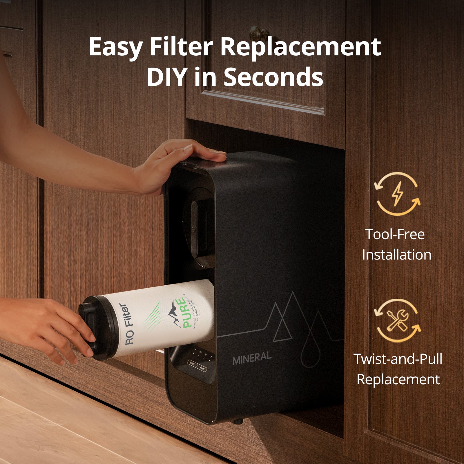 Hands replacing VIOMI M1 RO filter in black water system under wooden cabinet, highlighting easy, tool-free installation.