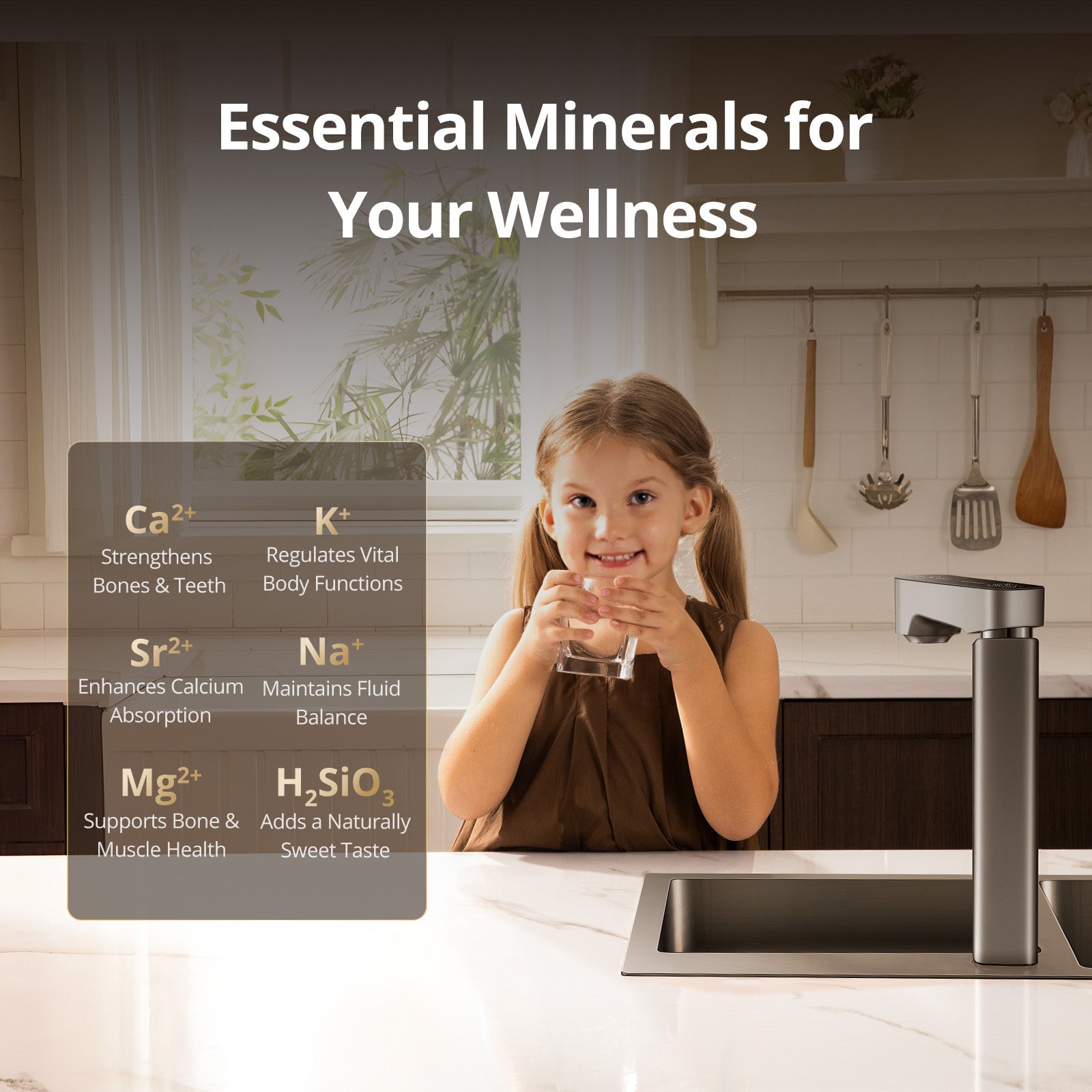 Young girl drinking water in a kitchen with a sign about essential minerals.