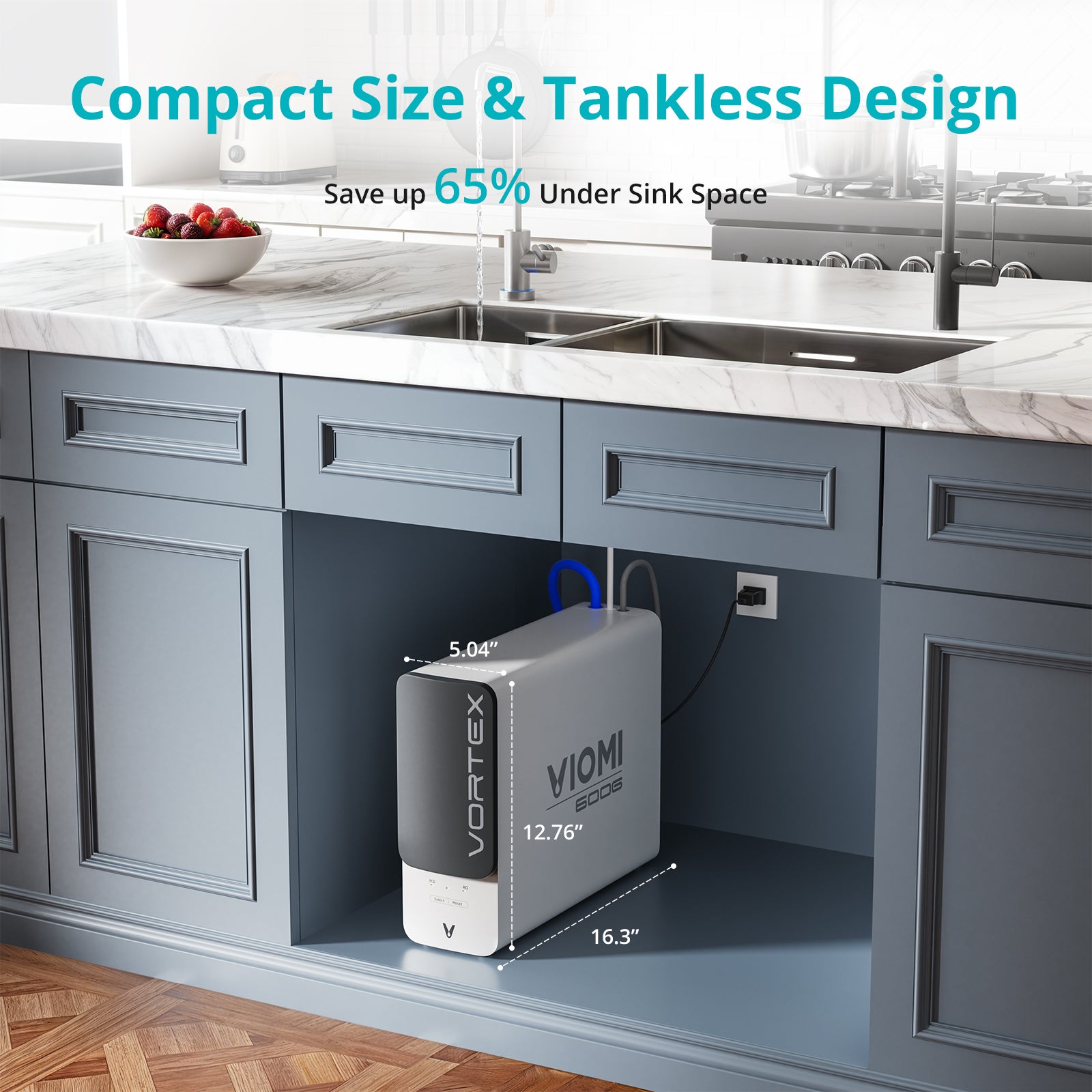 Viomi Vortex 6 RO water purifier, compact tankless and space saving design, and dimension displayed.
