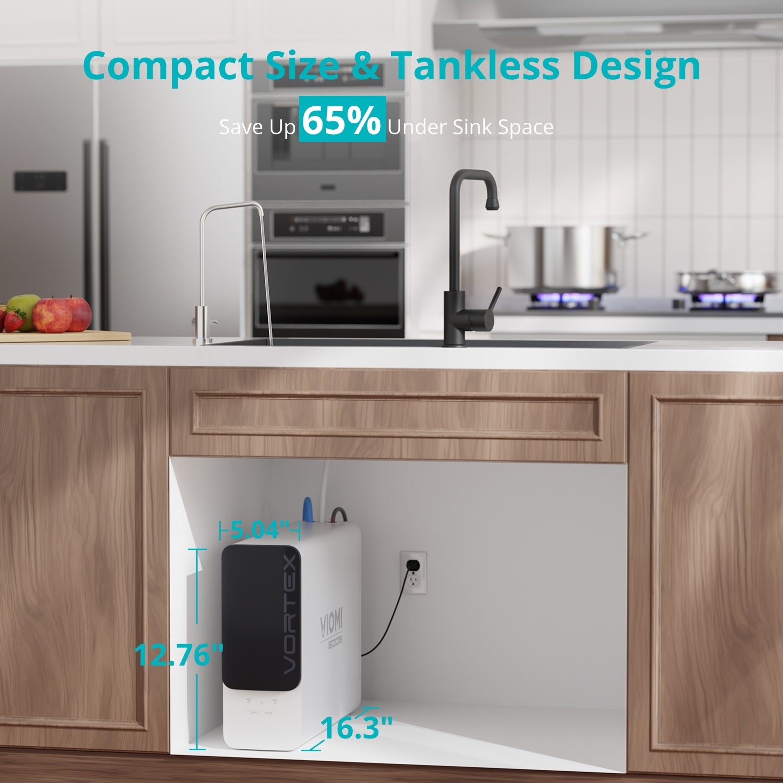 Viomi Vortex 8 under sink RO water purifier, space-saving design, compact size, tankless filtration system, reduces TDS.