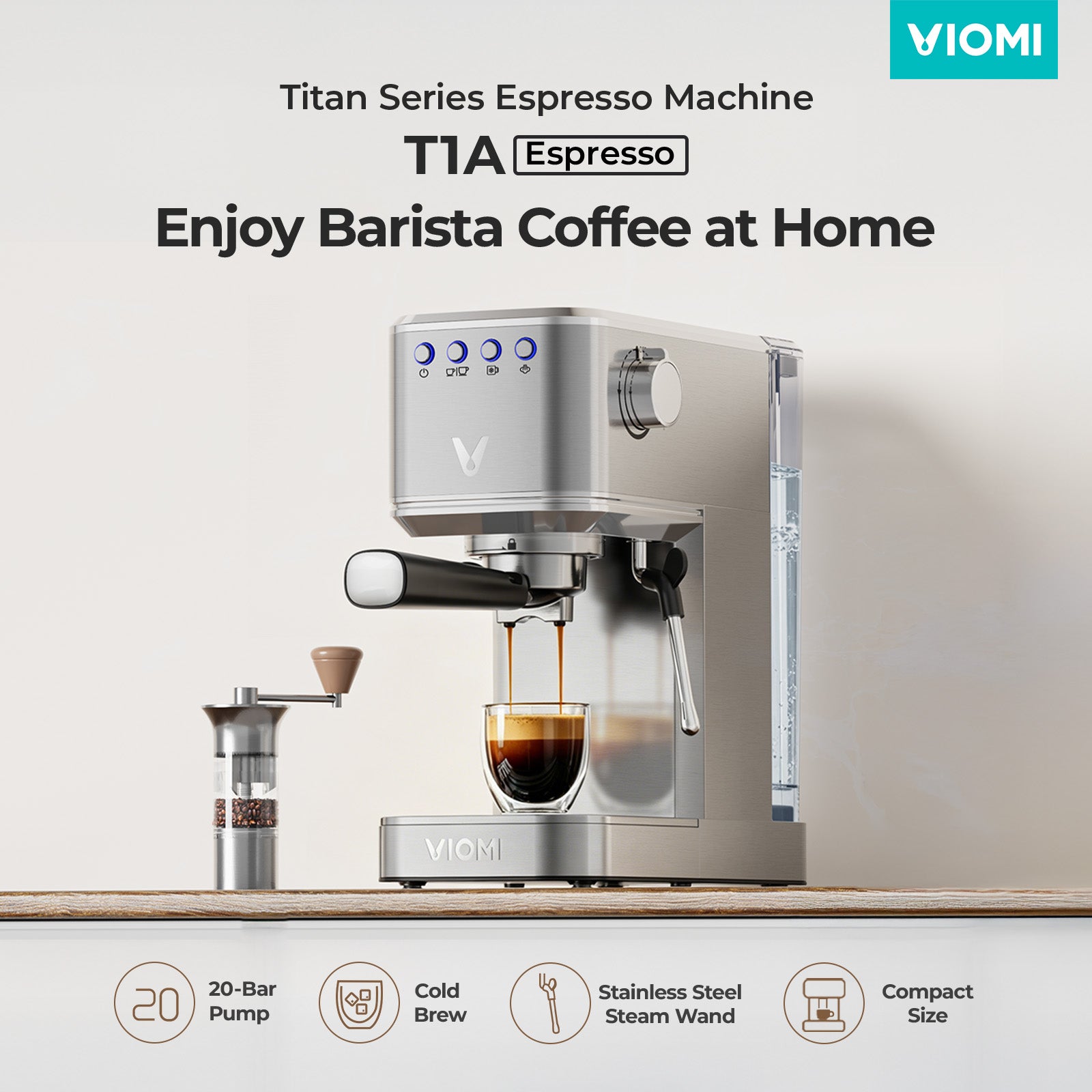 T1A Espresso Machine 20 Bar, Compact Espresso Maker with Milk Frother