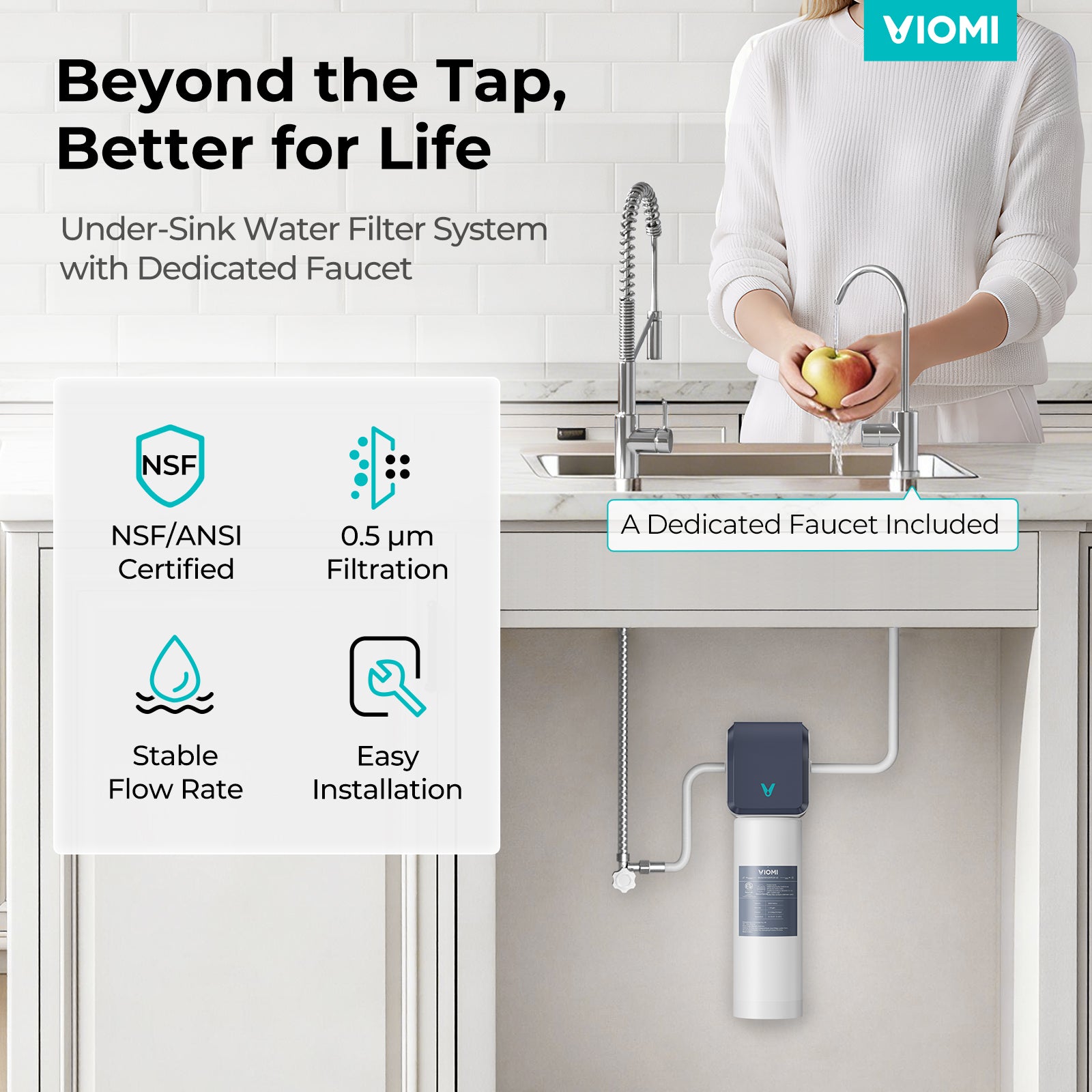 Under Sink Water Filter, 0.5 Micron Filtration System, Dedicated Faucet Included