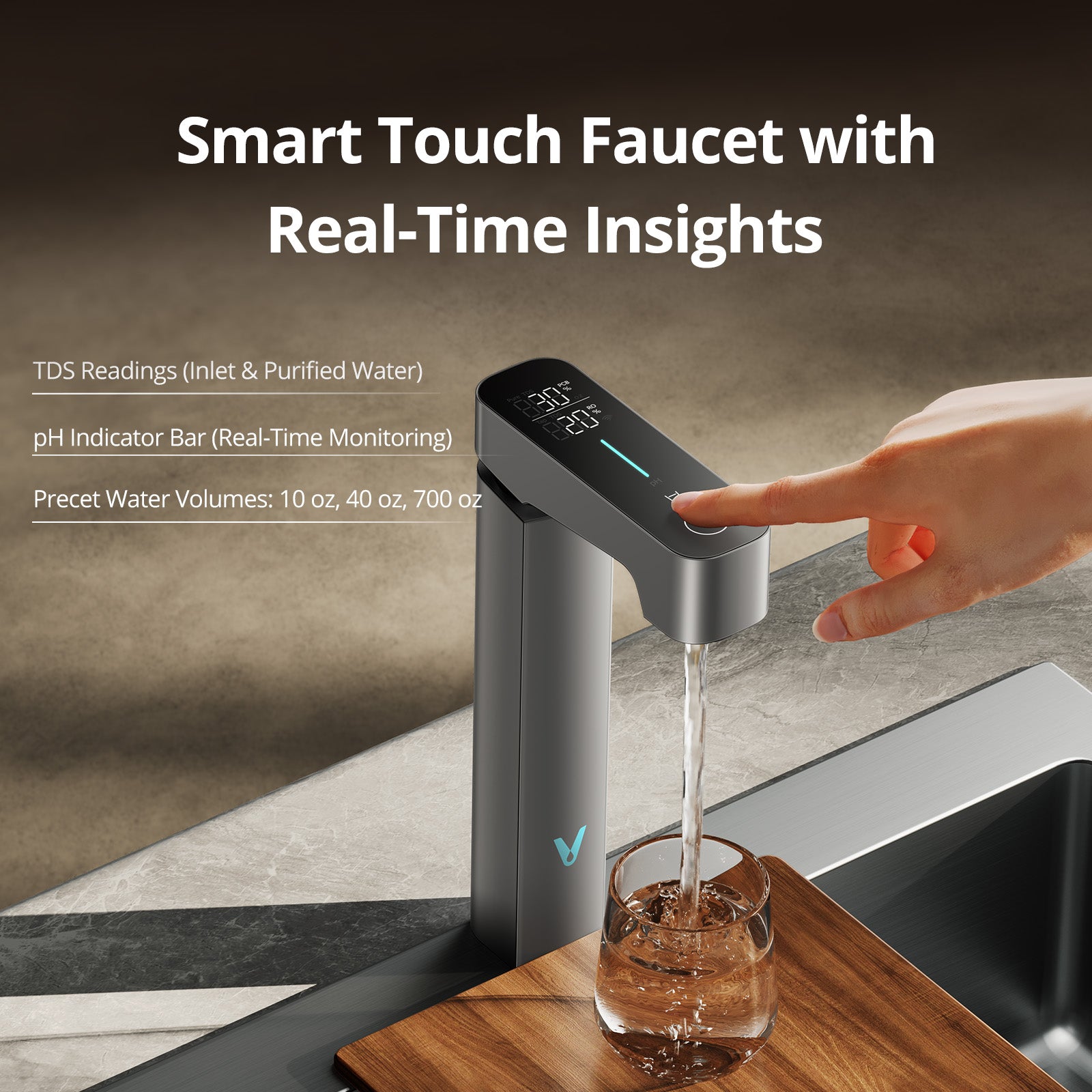 Viomi smart faucet with real-time TDS readings for inlet and purified water, pH indicator bar, and preset water volumes of 10 oz, 40 oz, 700 oz.