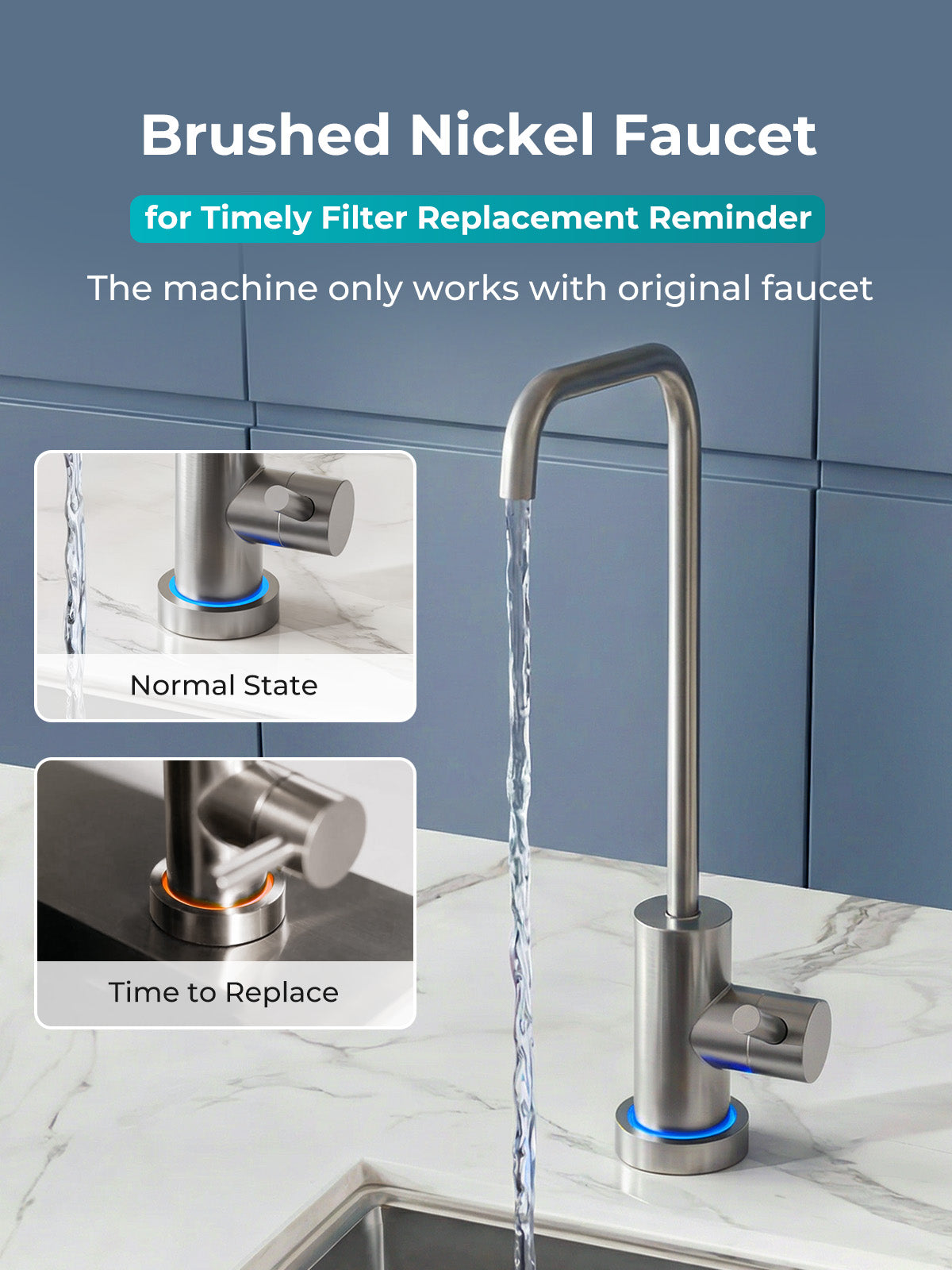 Viomi brushed nickel faucet with timely filter replacement reminder, showing normal state and time to replace state, machine only works with original faucet.