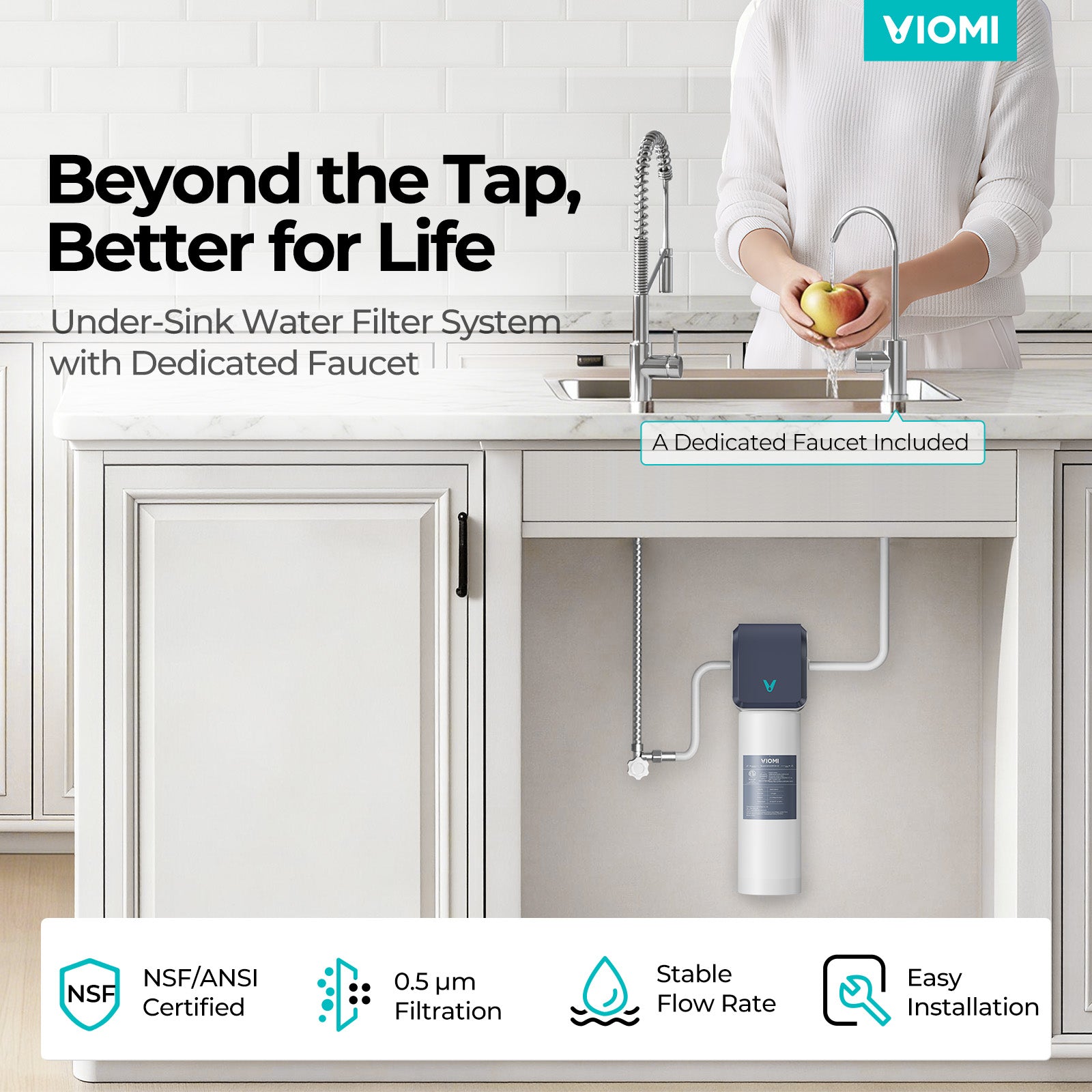 Under Sink Water Filter, 0.5 Micron Filtration System, Dedicated Faucet Included