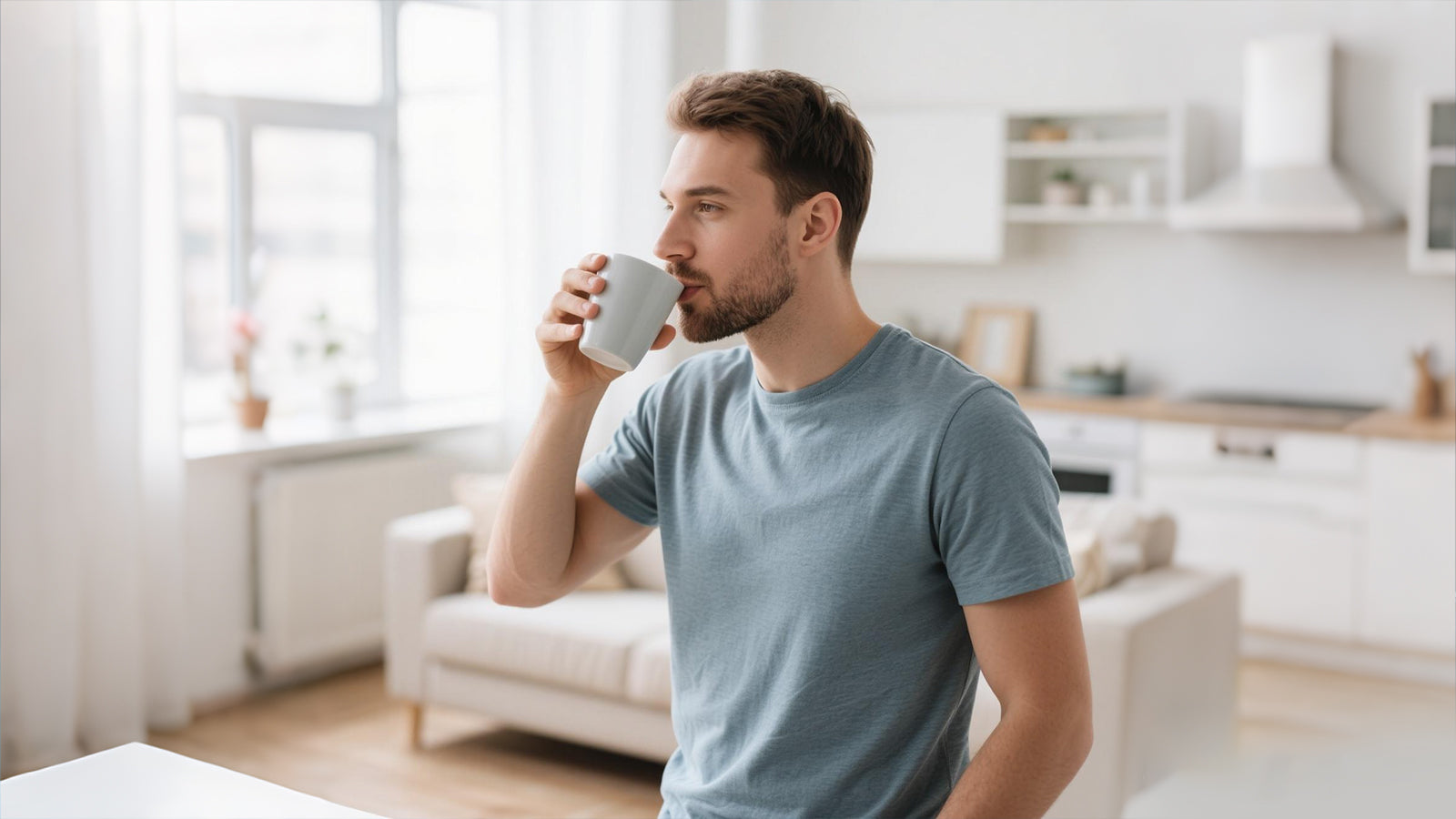 Man drinking water from reverse osmosis water filter in a bright kitchen.
