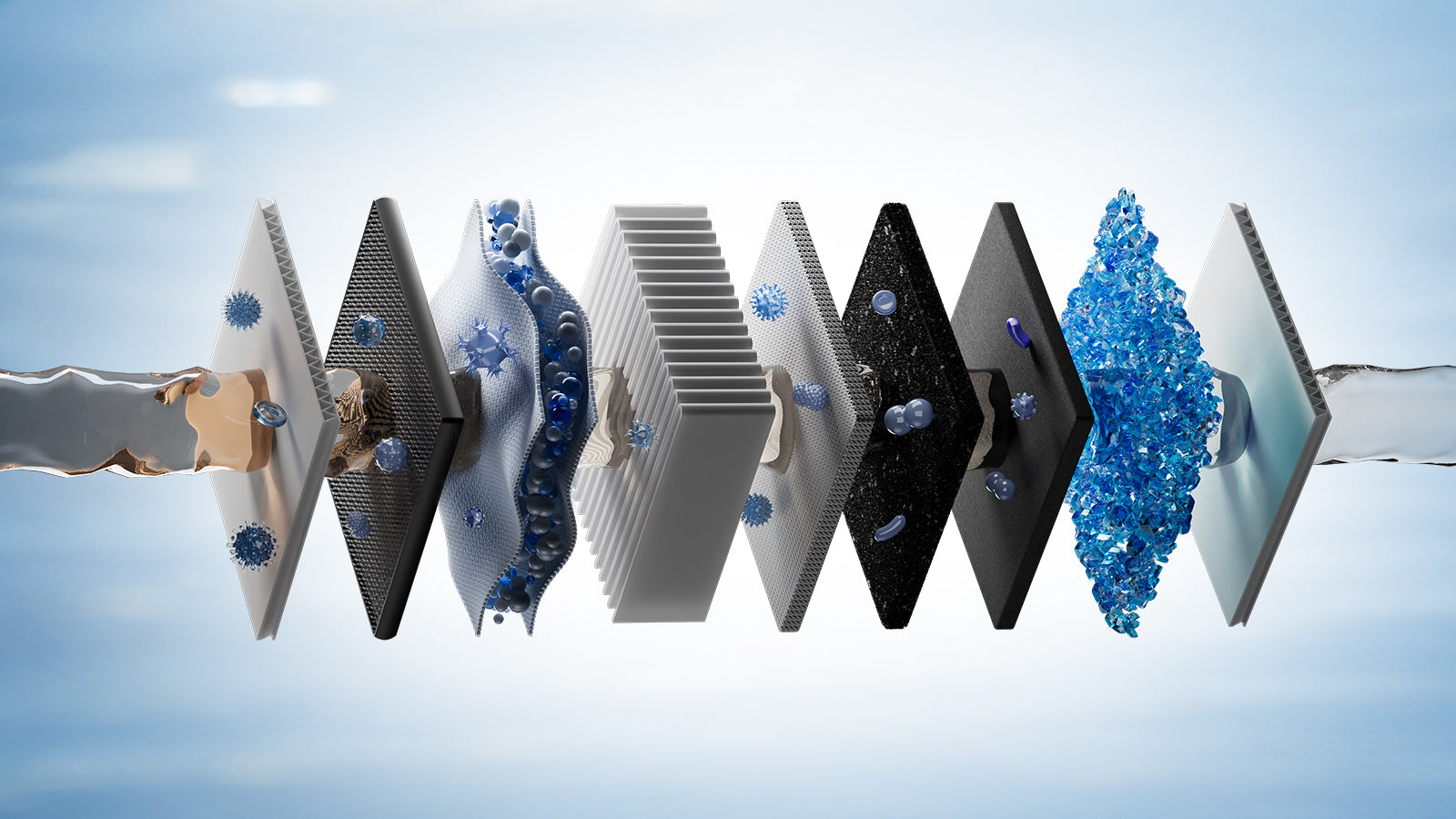 Water flowing over and through water filter components.