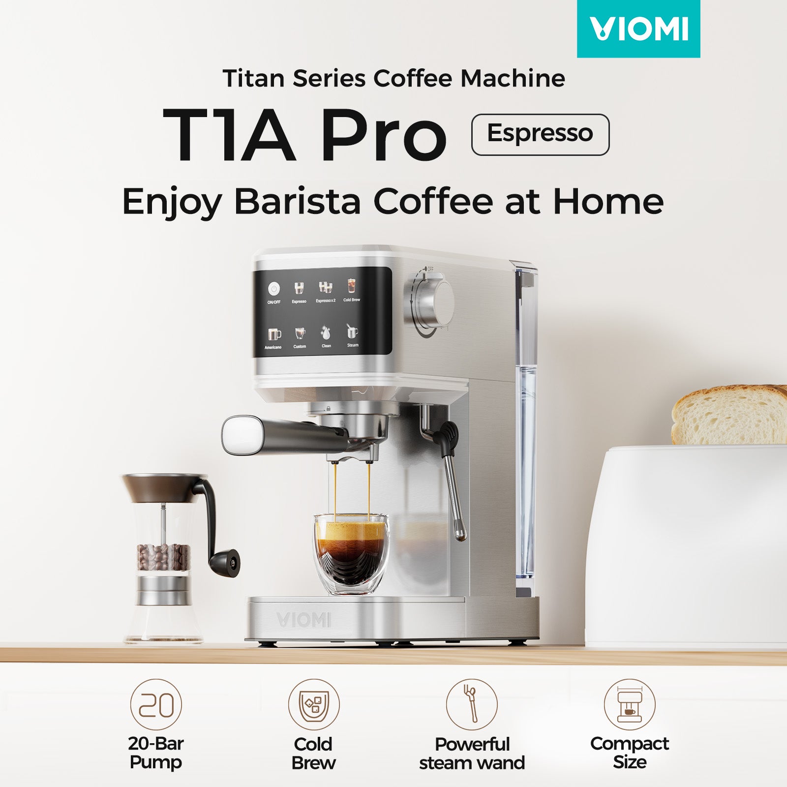 T1A Pro Espresso Machine 20 Bar, Compact Espresso Maker with Milk Frother