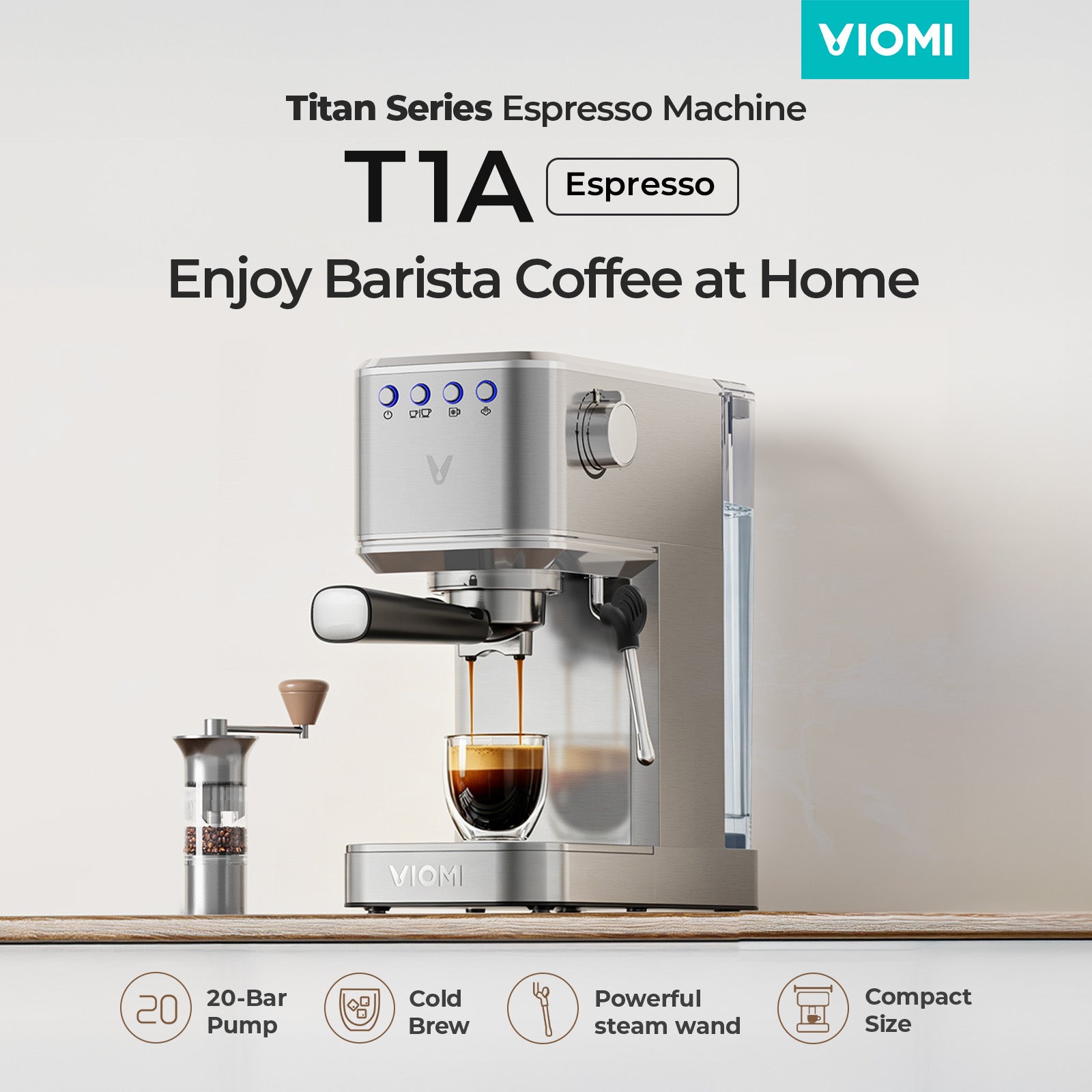 T1A Espresso Machine 20 Bar, Compact Espresso Maker with Milk Frother