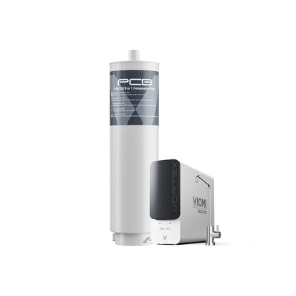 VIOMI PCB filter for Vortex 6 & 8 water system. White 24-month replacement filter next to compact VIOMI unit and faucet.