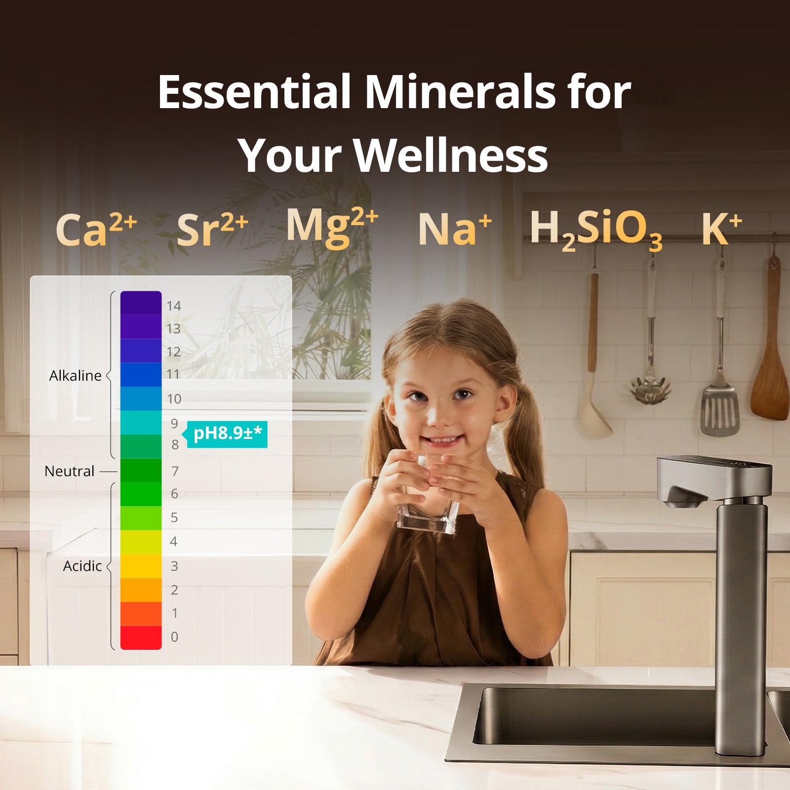 Young girl drinking water from viomi master M1 water purifier, pH scale on the left, and text about essential minerals for wellness.