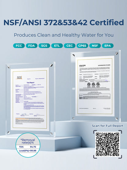 Viomi Vortex 6 NSF/ANSI certified water filtration system with lead removal over 99.88% and TDS reduction of 94.75%, includes QR code to scan for full test report