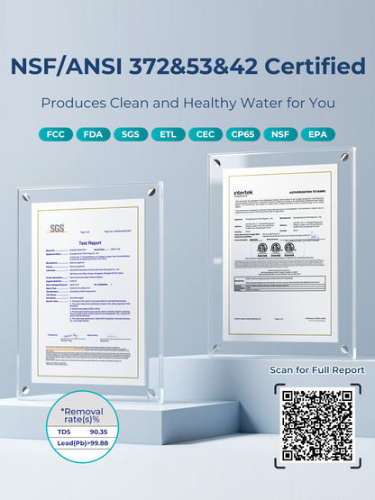 Viomi Vortex 8 NSF/ANSI certified water filtration system with lead removal over 99.88% and TDS reduction of 90.35%, includes QR code to scan for full test report