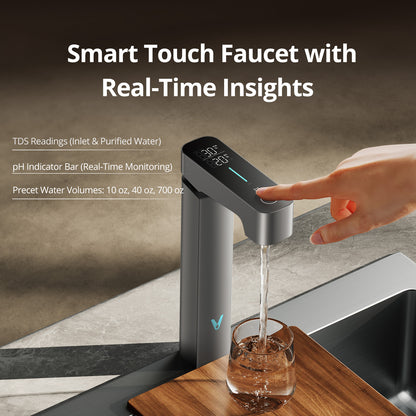 Viomi smart faucet with real-time TDS readings for inlet and purified water, pH indicator bar, and preset water volumes of 10 oz, 40 oz, 700 oz.