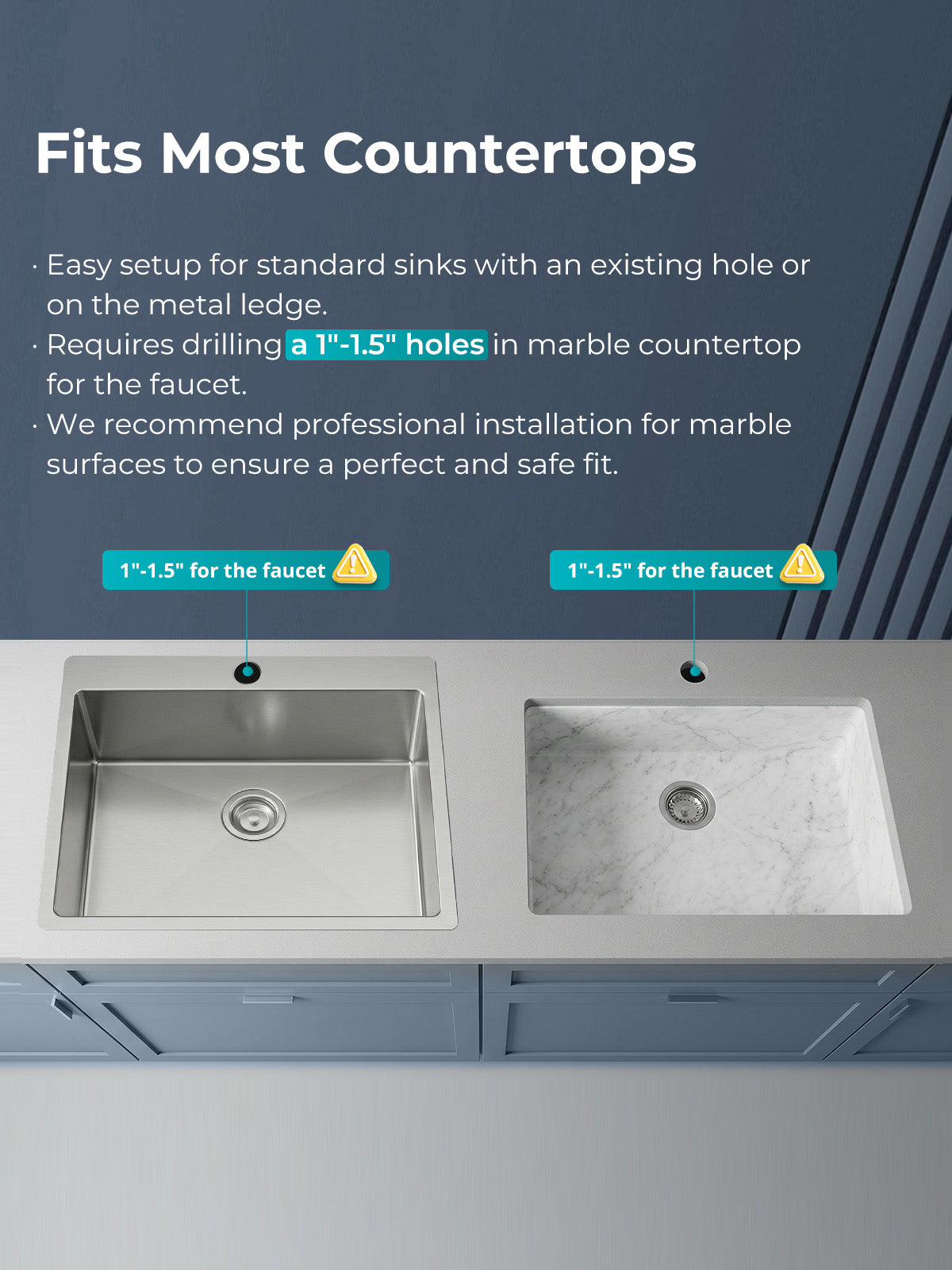 Viomi Vortex water purifier fits most countertops, requires drilling a 1 to 1.5 inch hole for the faucet, professional installation recommended for marble surfaces.