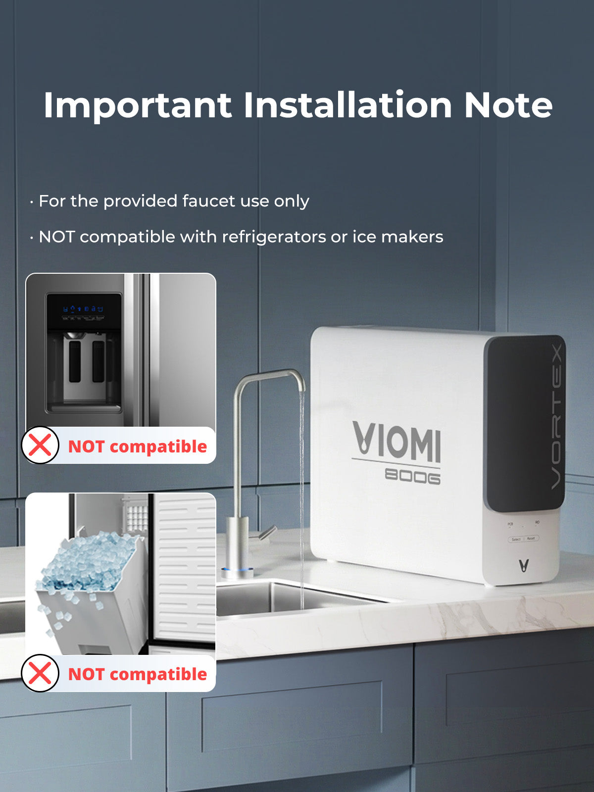 VIOMI vortex 8 water filter system with faucet on a kitchen counter, accompanied by installation notes.